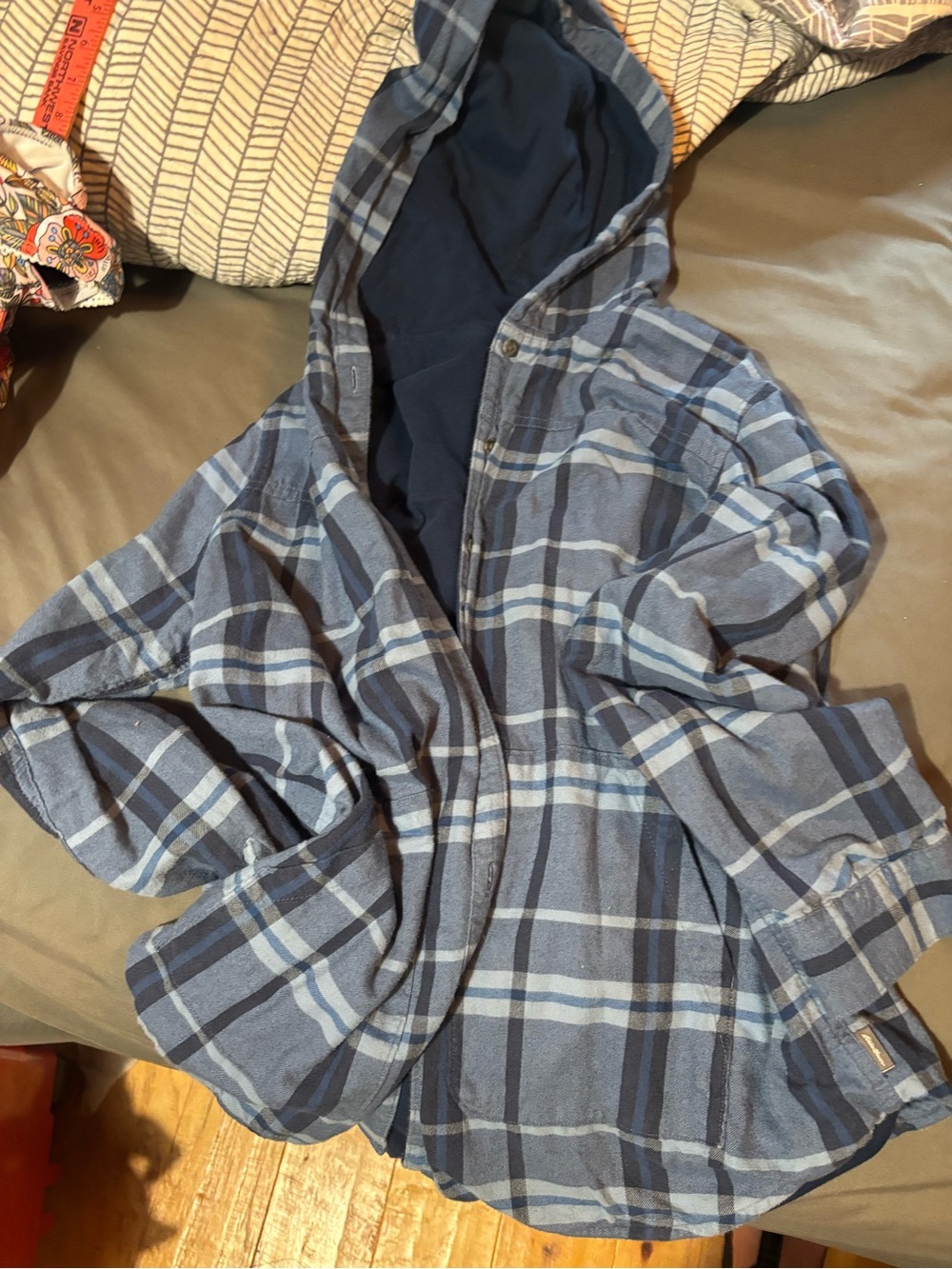 Eddie Bauer Blue Plaid Hooded Flannel Shirt Jacket